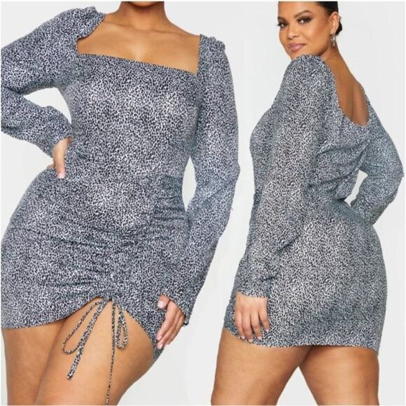 Pretty Little Thing Plus Cream Dalmation Print Ruched Front Bodycon Dress in Bla - Picture 7 of 8
